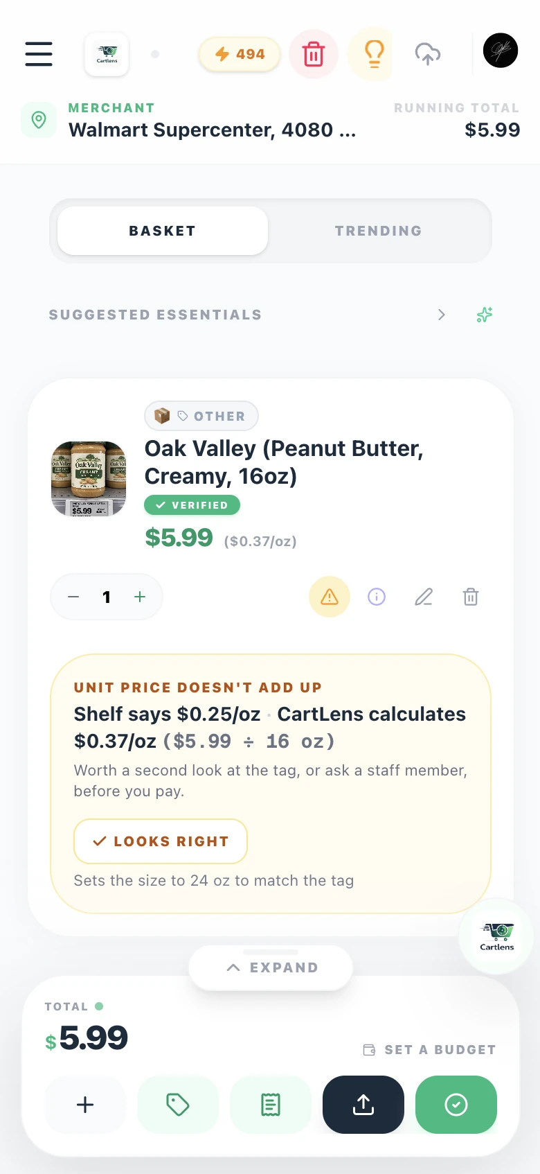 CartLens unit-price warning: shelf says $0.25 per ounce, but $5.99 divided by 16 ounces calculates to about $0.37 per ounce.