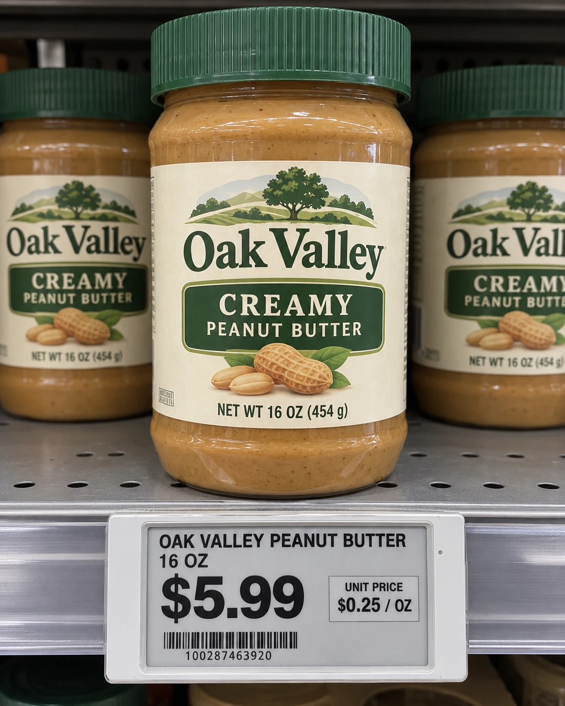 CartLens demonstration image: 16-ounce Oak Valley peanut butter priced at $5.99 with an inconsistent shelf unit price of $0.25 per ounce.